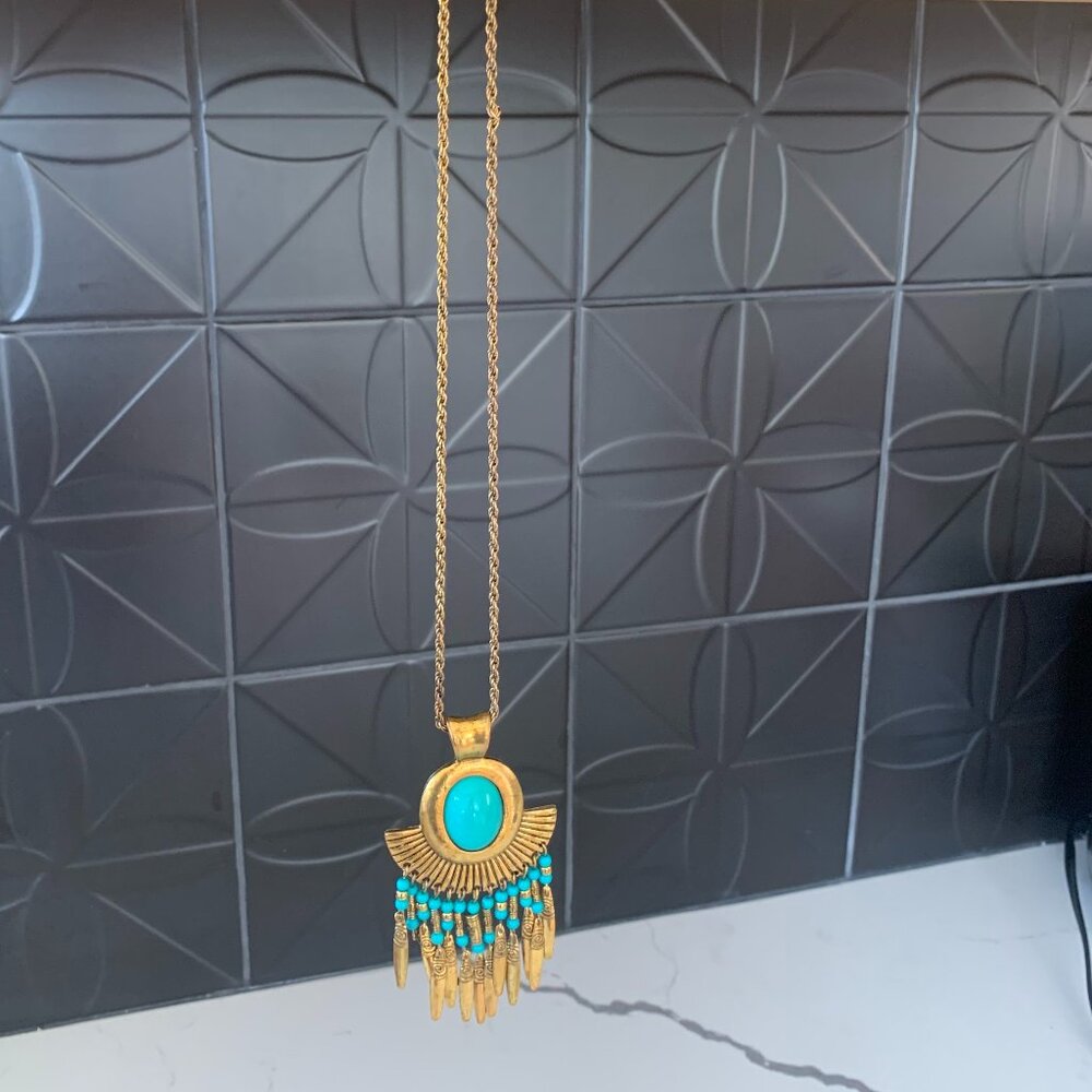 Egyptian Revival Brass Turquoise Dange Pendant Necklace